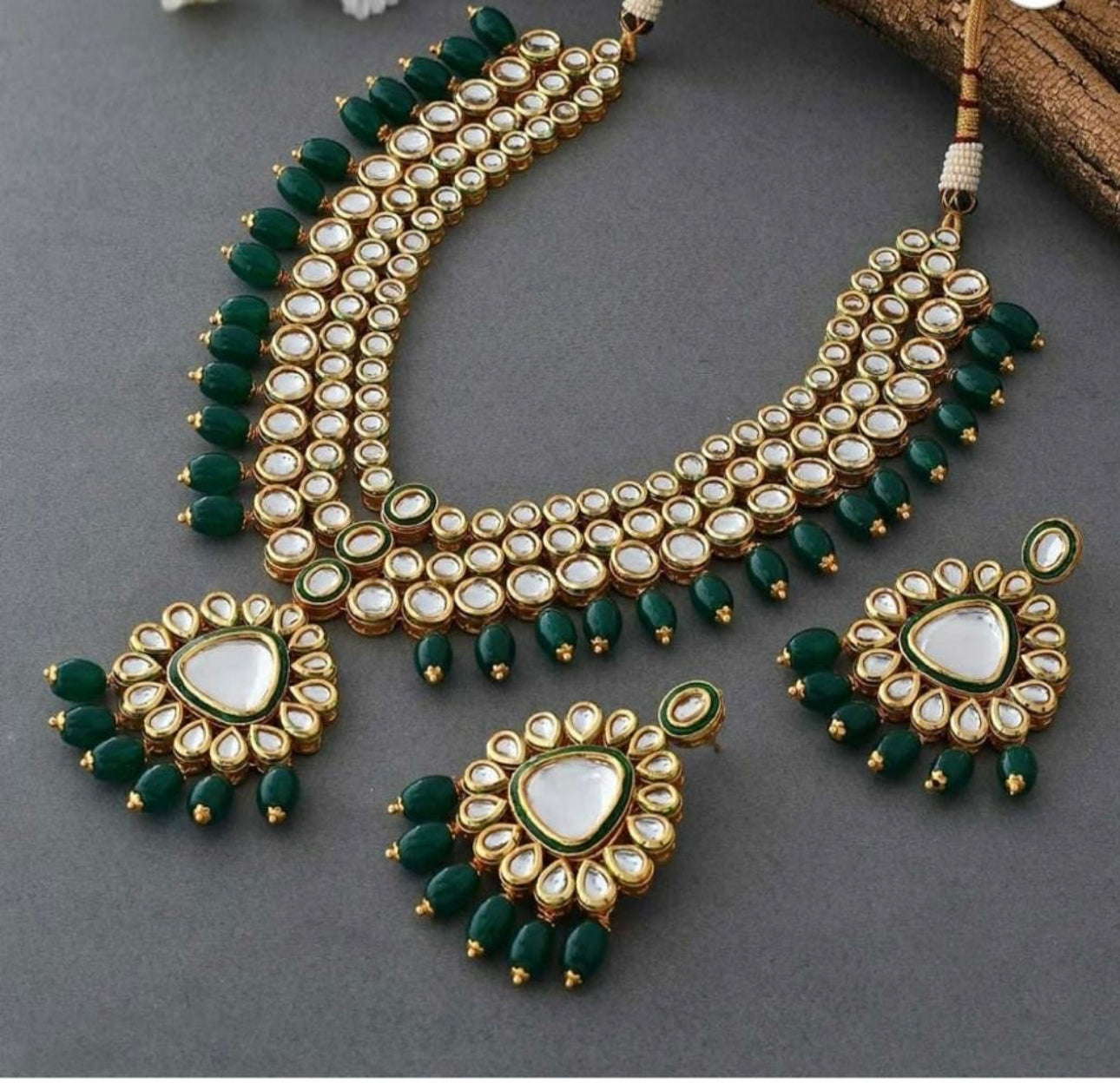 Traditional Bridal Multi-Line Heavy Kundan Jadau With Green Beads Drop Long Necklace