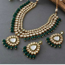 Traditional Bridal Multi-Line Heavy Kundan Jadau With Green Beads Drop Long Necklace