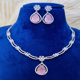SLN010 | American Diamond Necklace set with silver tone