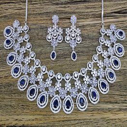 SLN007 | American Diamond Necklace set with silver tone