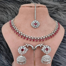 SLN008 | American Diamond Necklace set with silver tone