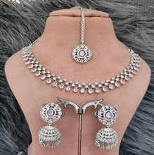 SLN008 | American Diamond Necklace set with silver tone