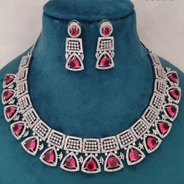 SLN014 | American Diamond Necklace set with silver tone