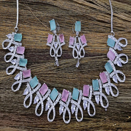 SLN016 | American Diamond Necklace set with silver tone
