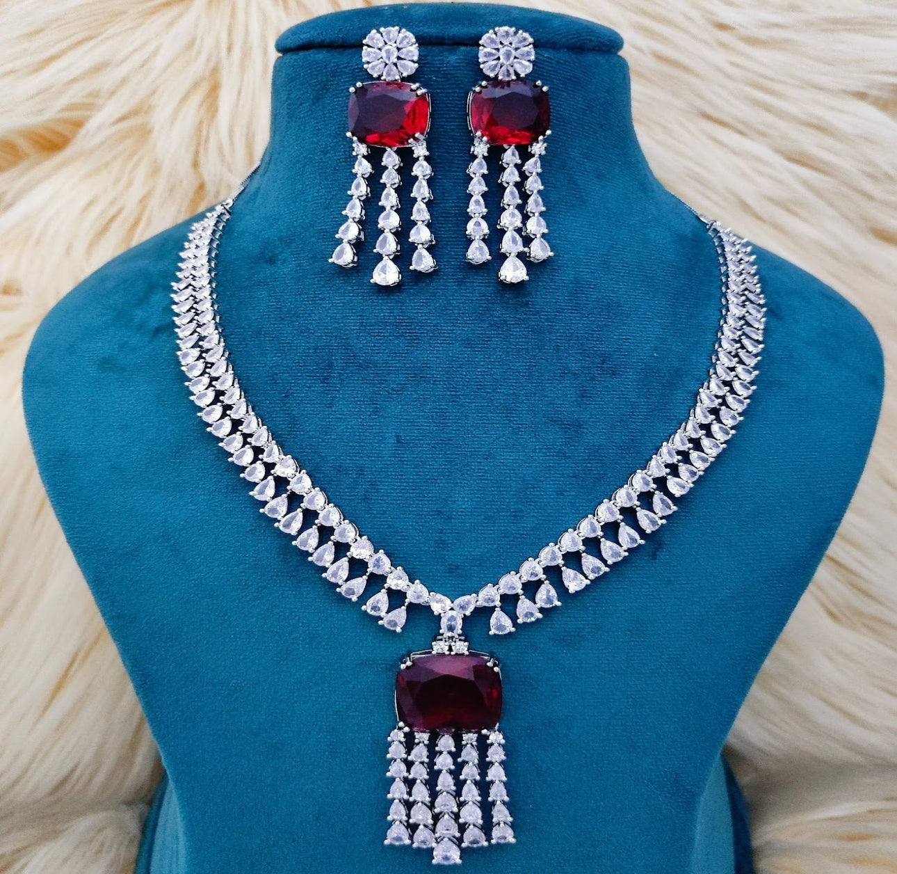 Ruby Radiance Tassel Necklace Set